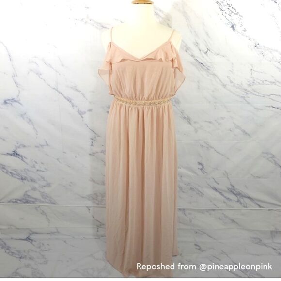 ASOS Peach Nude Off Shoulder Flowy Dress 14 - Picture 1 of 9